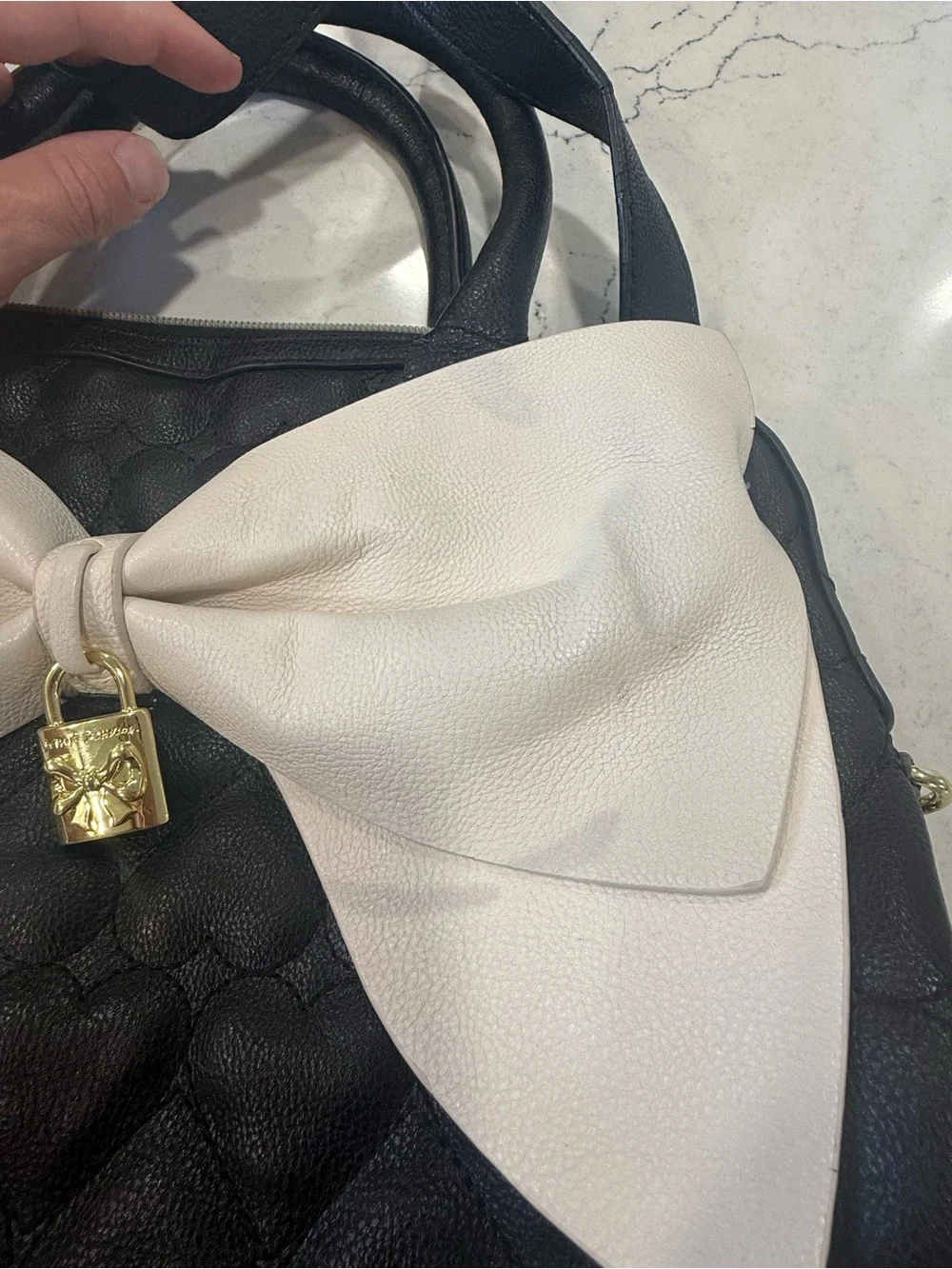 Betsey Johnson Black Heart Quilted Satchel White Bow Gold Hardware Floral Lined